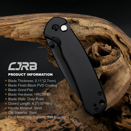CJRB Pyrite Black - 3.11" AR-RPM9 Black Drop Point Blade, Black Steel Handle - J1925BST