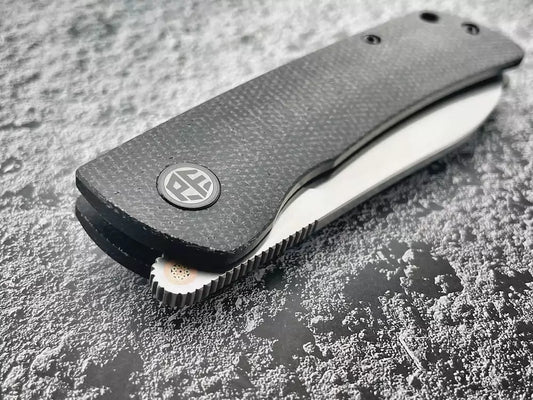 Petrified Fish Flavorist PFE05S - 3.15" K110 Satin Spear Point Blade, Black Micarta Handle, Front Flipper