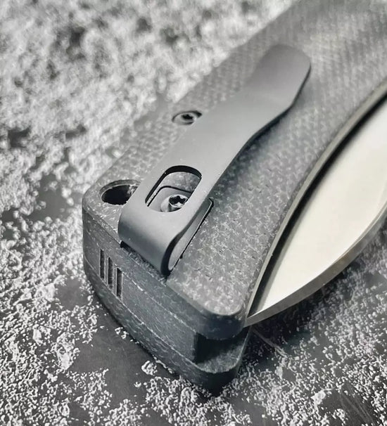 Petrified Fish Flavorist PFE05S - 3.15" K110 Satin Spear Point Blade, Black Micarta Handle, Front Flipper