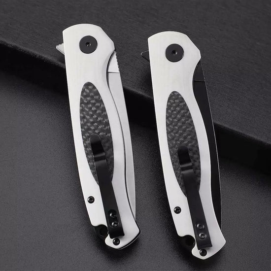 Petrified Fish Stamp PFB03 - 3.58" D2 Black Stonewashed Blade, Black G10 With Carbon Fibre Handle, Flipper