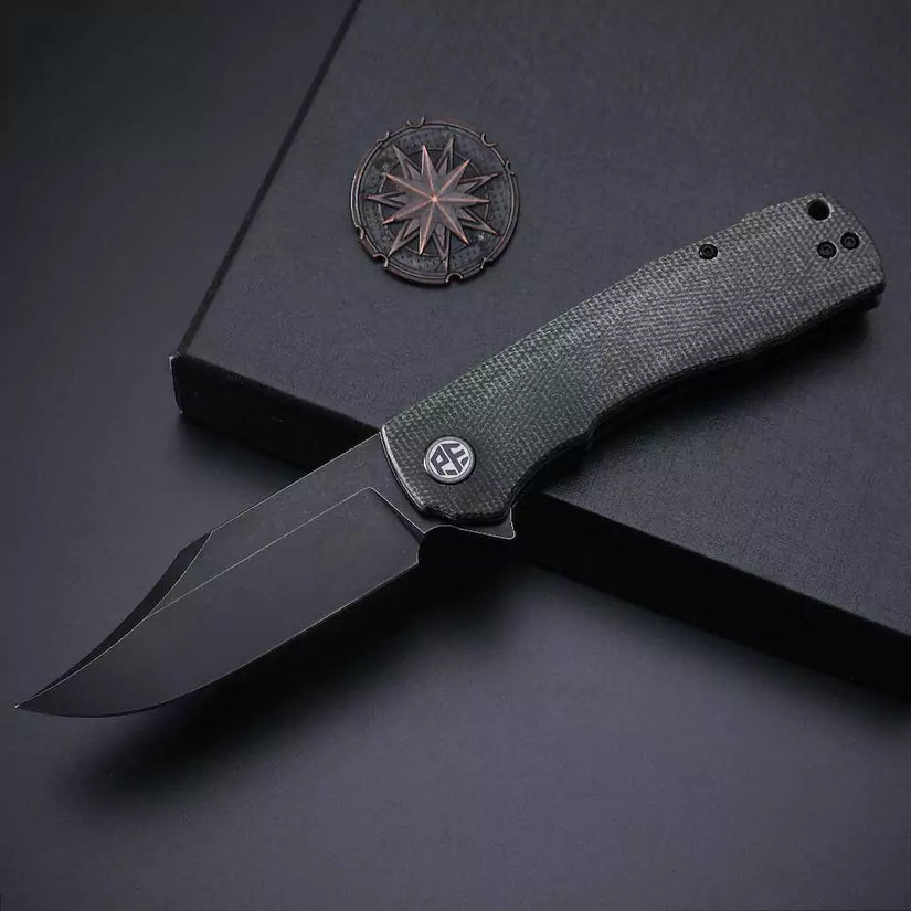 Petrified Fish Victor PFP03 - 3.58" K110 Black Stonewashed Blade, Green Micarta Handle, Flipper