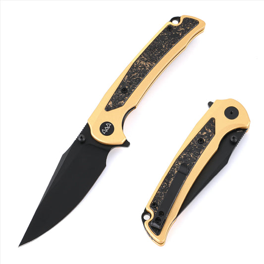 Wixco Scort WX14-B - 3.6" 14C28N Black PVD Blade, Gold Aluminium with Gold Shredded Carbon Fibre Handle