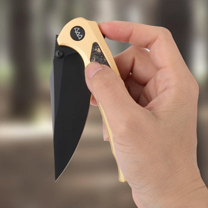 Wixco Scort WX14-B - 3.6" 14C28N Black PVD Blade, Gold Aluminium with Gold Shredded Carbon Fibre Handle