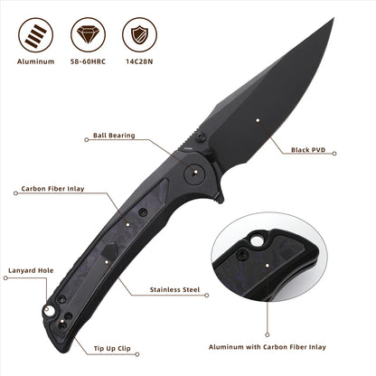 Wixco Scort WX14-A - 3.6" 14C28N Black PVD Blade, Black Aluminium with Purple Shredded Carbon Fibre Handle