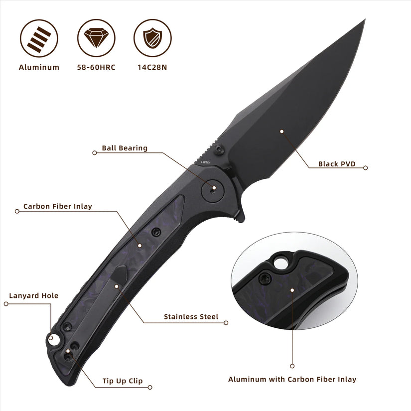 Wixco Scort WX14-A - 3.6" 14C28N Black PVD Blade, Black Aluminium with Purple Shredded Carbon Fibre Handle