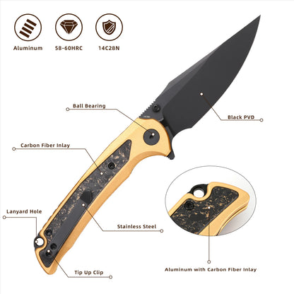 Wixco Scort WX14-B - 3.6" 14C28N Black PVD Blade, Gold Aluminium with Gold Shredded Carbon Fibre Handle
