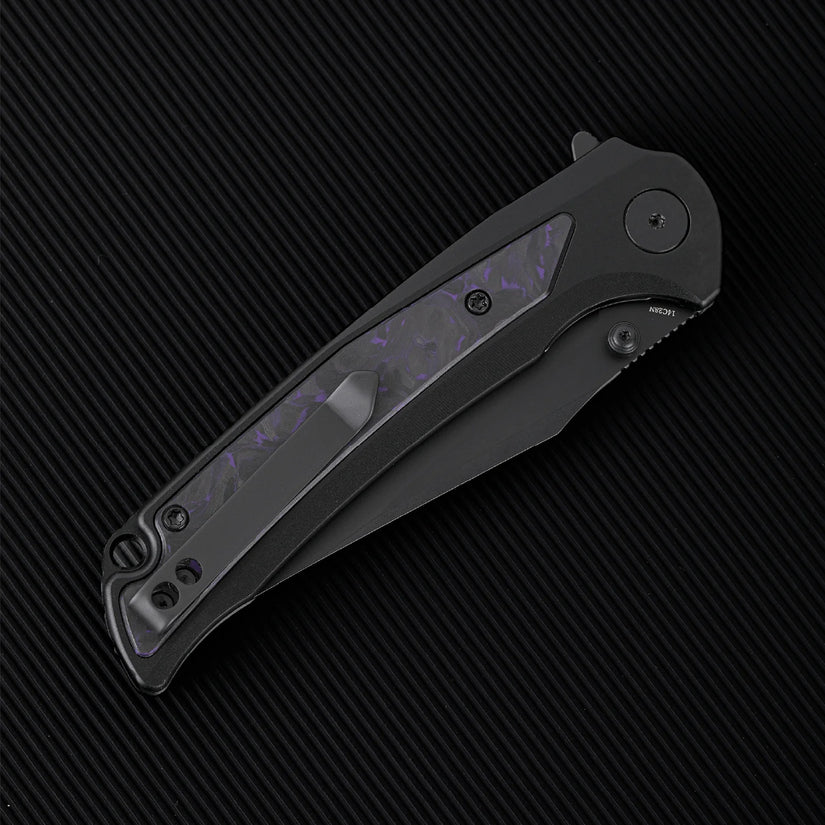 Wixco Scort WX14-A - 3.6" 14C28N Black PVD Blade, Black Aluminium with Purple Shredded Carbon Fibre Handle