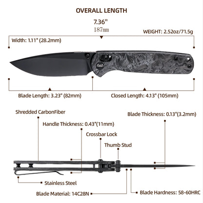Wixco Drax WX10-B - 3.23" 14C28N Black PVD Blade, Grey Shredded Carbon Fibre Handle