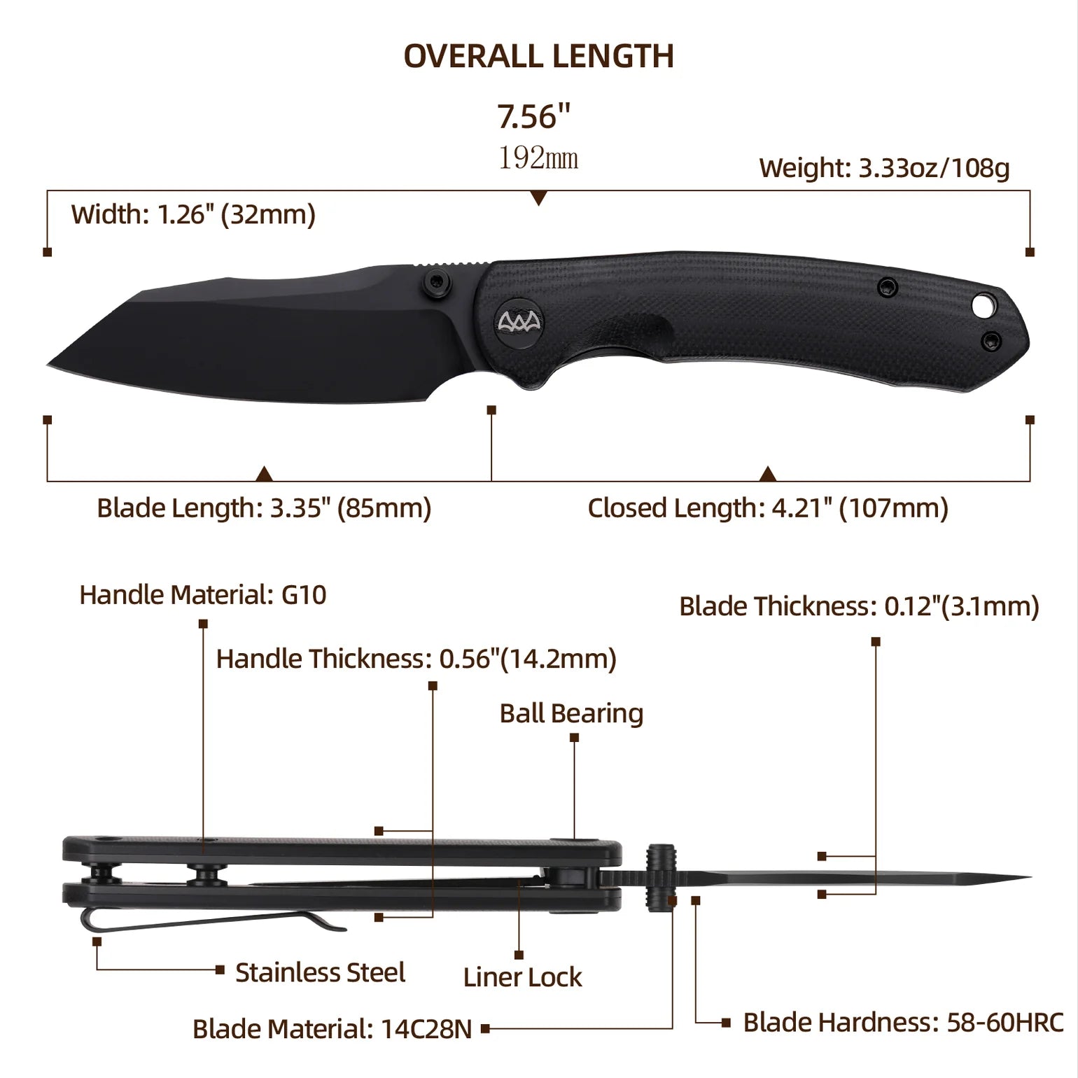 Wixco Axor WX15-A - 3.35" 14C28N Black PVD Blade, Black G10 Handle