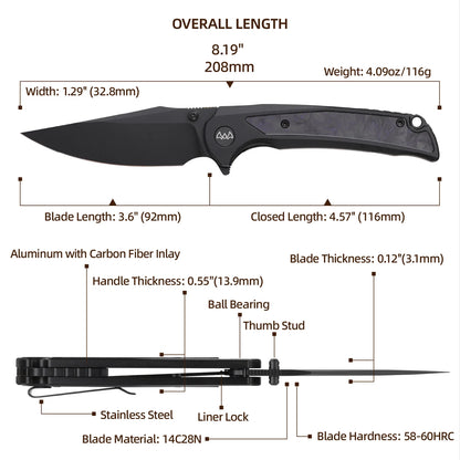 Wixco Scort WX14-A - 3.6" 14C28N Black PVD Blade, Black Aluminium with Purple Shredded Carbon Fibre Handle
