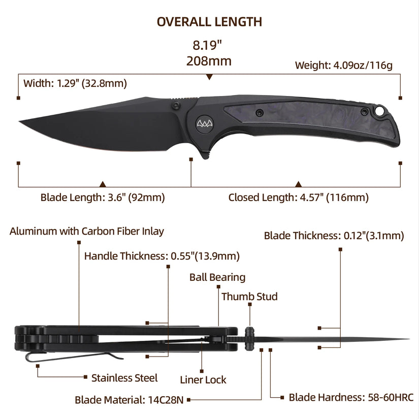 Wixco Scort WX14-A - 3.6" 14C28N Black PVD Blade, Black Aluminium with Purple Shredded Carbon Fibre Handle