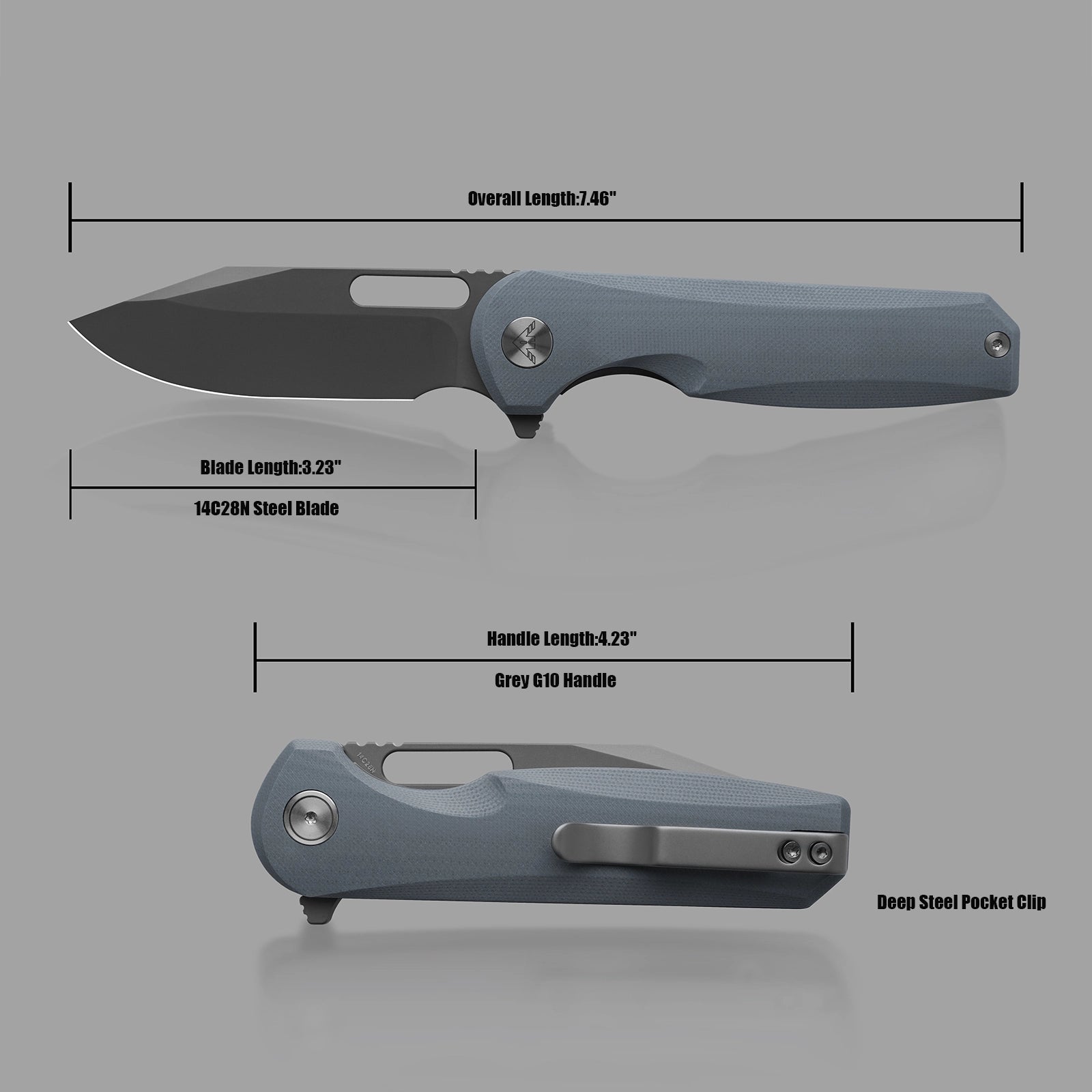 Miguron Ameight Preyert II - 3.23" 14C28N Dark Grey PVD Blade, Slate Grey G10 Handle