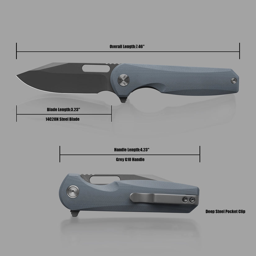 Miguron Ameight Preyert II - 3.23" 14C28N Dark Grey PVD Blade, Slate Grey G10 Handle
