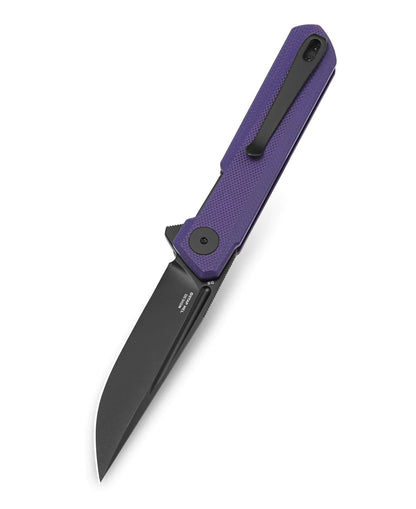 Bestechman Mini Dundee BMK03J - 2.92" D2 Black DLC Blade, Purple G10, Flipper