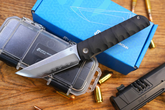 North Mountain Blade Kick Stop Chop Plus - 4" SLD-Magic Steel San Mai Tanto Blade, Black G10 Handle