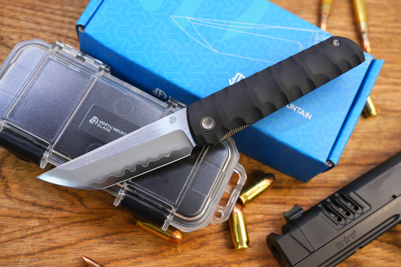 North Mountain Blade Kick Stop Chop Plus - 4" SLD-Magic Steel San Mai Tanto Blade, Black G10 Handle