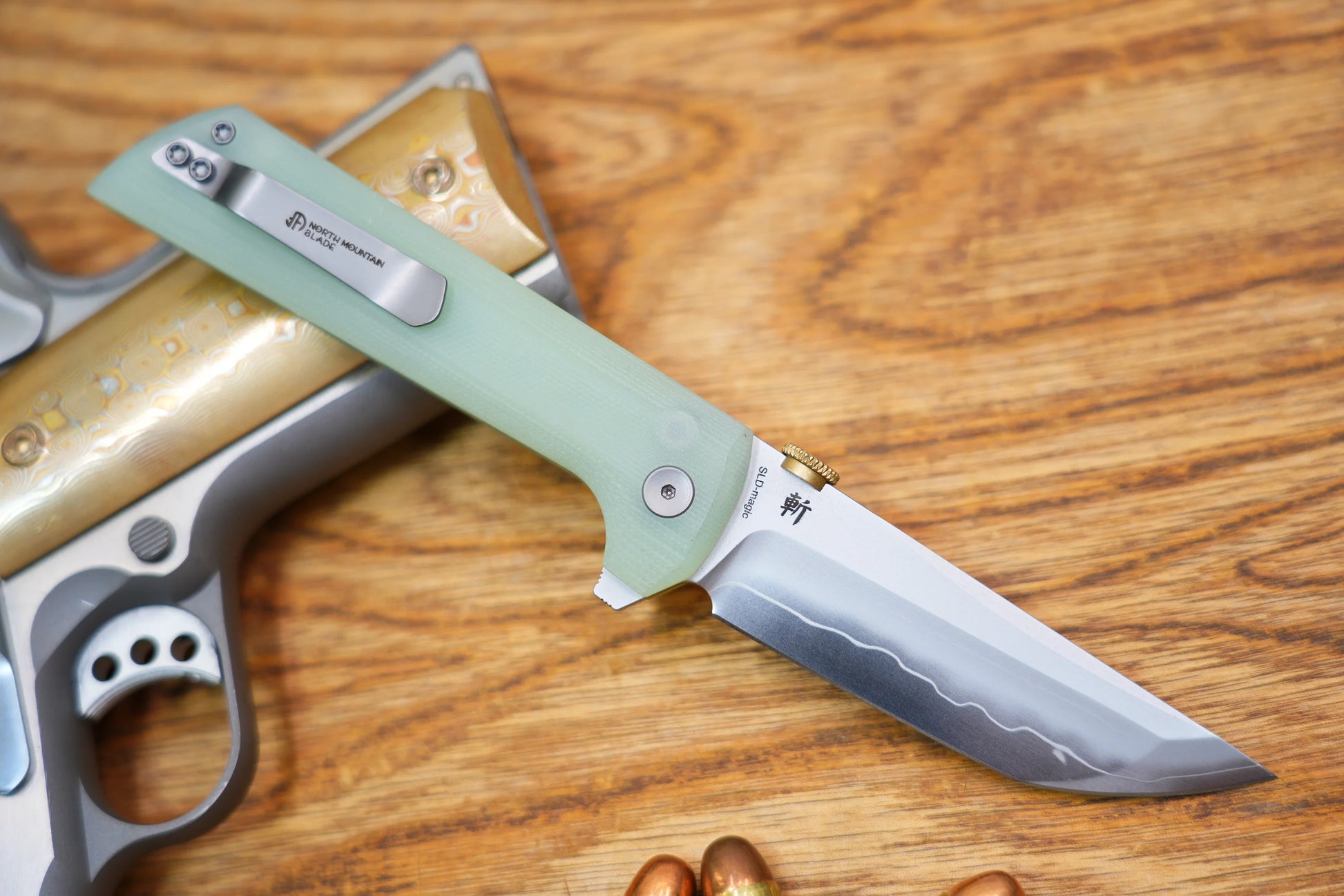 North Mountain Blade Chop 2 G10 Thumb Disk - 3.4" SLD-Magic Steel San Mai Tanto Blade, Jade G10 Handle