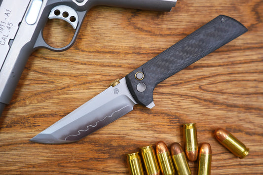 North Mountain Blade Chop 2 G10 Thumb Disk - 3.4" SLD-Magic Steel San Mai Tanto Blade, Carbon Fibre Handle