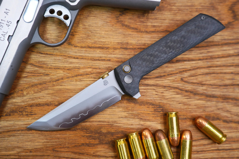 North Mountain Blade Chop 2 G10 Thumb Disk - 3.4" SLD-Magic Steel San Mai Tanto Blade, Carbon Fibre Handle
