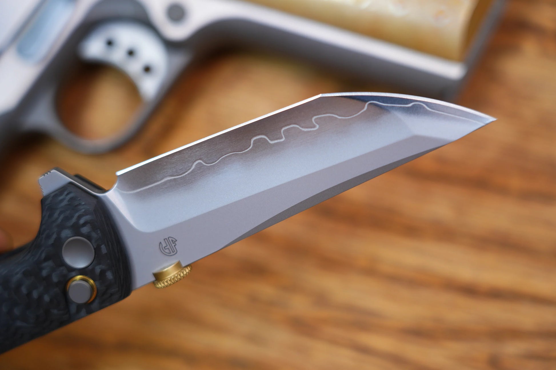 North Mountain Blade Chop 2 G10 Thumb Disk - 3.4" SLD-Magic Steel San Mai Tanto Blade, Carbon Fibre Handle