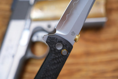 North Mountain Blade Chop 2 G10 Thumb Disk - 3.4" SLD-Magic Steel San Mai Tanto Blade, Carbon Fibre Handle