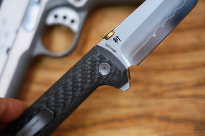 North Mountain Blade Chop 2 G10 Thumb Disk - 3.4" SLD-Magic Steel San Mai Tanto Blade, Carbon Fibre Handle
