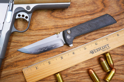 North Mountain Blade Chop 2 G10 Thumb Disk - 3.4" SLD-Magic Steel San Mai Tanto Blade, Carbon Fibre Handle