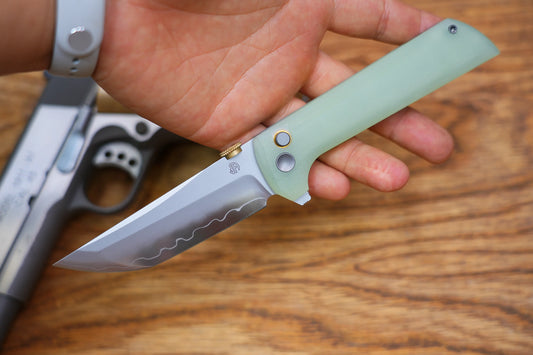 North Mountain Blade Chop 2 G10 Thumb Disk - 3.4" SLD-Magic Steel San Mai Tanto Blade, Jade G10 Handle