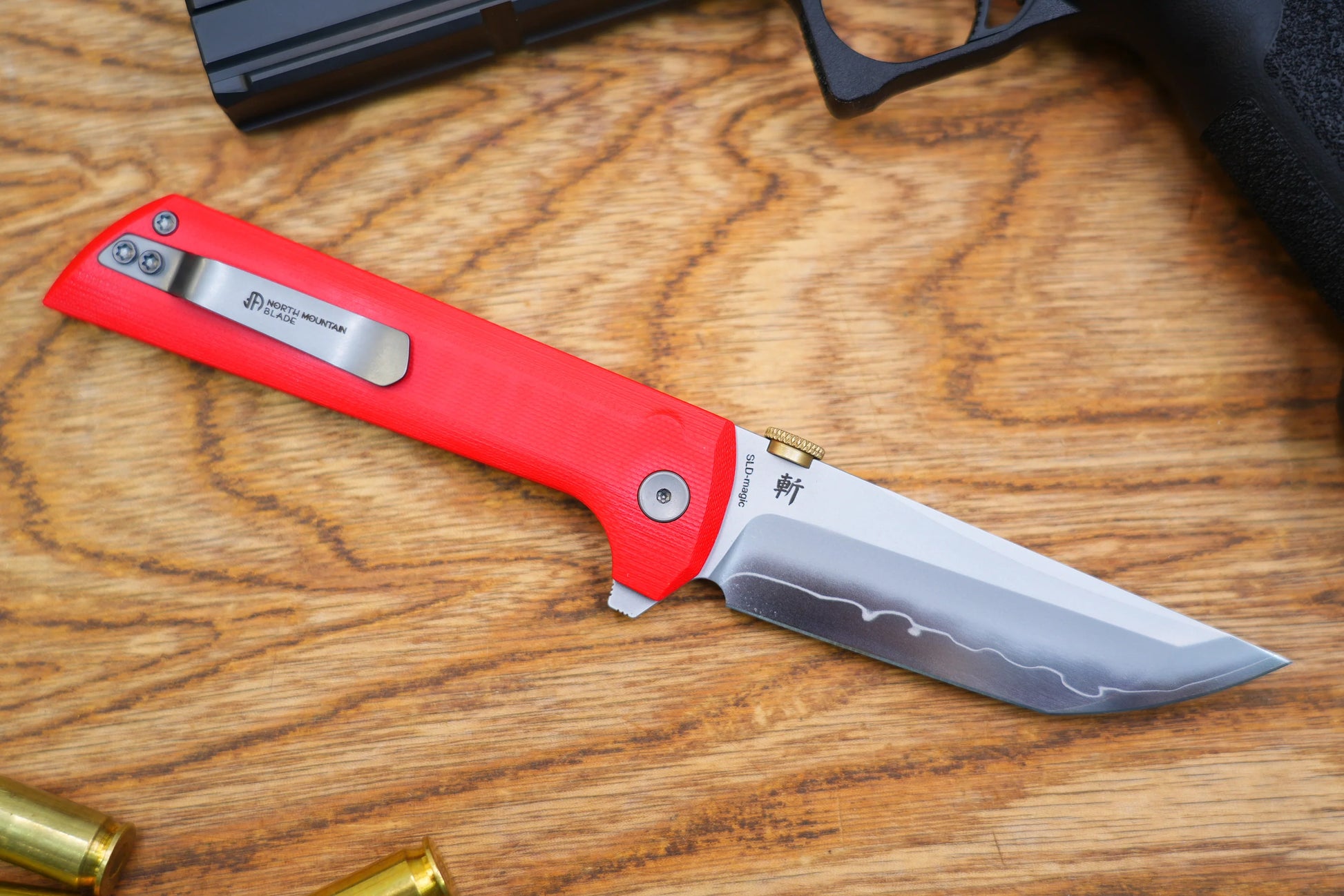 North Mountain Blade Chop 2 G10 Thumb Disk - 3.4" SLD-Magic Steel San Mai Tanto Blade, Red G10 Handle