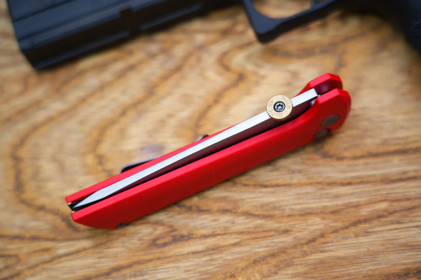 North Mountain Blade Chop 2 G10 Thumb Disk - 3.4" SLD-Magic Steel San Mai Tanto Blade, Red G10 Handle