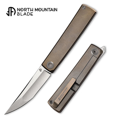 North Mountain Blade Kaiken Bronze - 3.5" M390 Tanto Blade, Titanium Handle