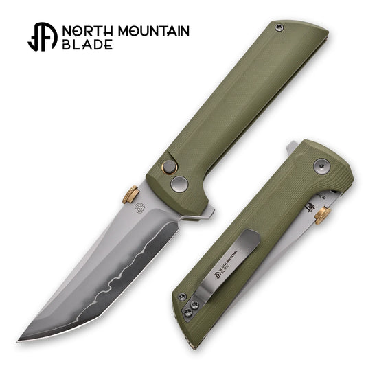 North Mountain Blade Chop 2 G10 Thumb Disk - 3.4" SLD-Magic Steel San Mai Tanto Blade, Green G10 Handle
