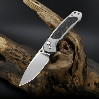 CJRB Pyrite Limited Edition - 3.11" CPM S90v Stonewash Drop Point Blade, Titanium/Gold Flake Carbon Fibre Handles - J1925T-GCF