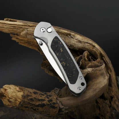 CJRB Pyrite Limited Edition - 3.11" CPM S90v Stonewash Drop Point Blade, Titanium/Gold Flake Carbon Fibre Handles - J1925T-GCF