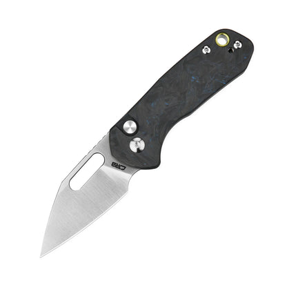 CJRB Mini Pyrite Wharncliffe - 2.17" AR-RPM9 Sand Polished Wharncliffe Blade, Forged Carbon Blue Handles - J1933-FCBU