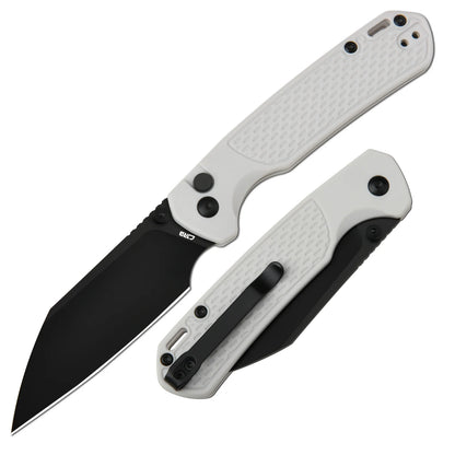 CJRB Pyrite Light - 3.34" AR-RPM9 Black PVD Wharncliffe Blade, Light Grey FRN Handles - J1945-BGY