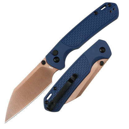 CJRB Pyrite Light - 3.34" AR-RPM9 Rose Gold Wharncliffe Blade, Blue FRN Handles - J1945-RG