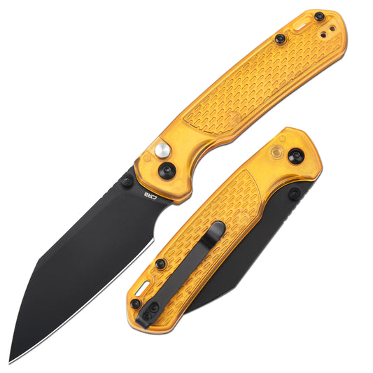 CJRB Pyrite Light - 3.34" AR-RPM9 Black PVD Wharncliffe Blade, Amber FRN Handles - J1945-AMB