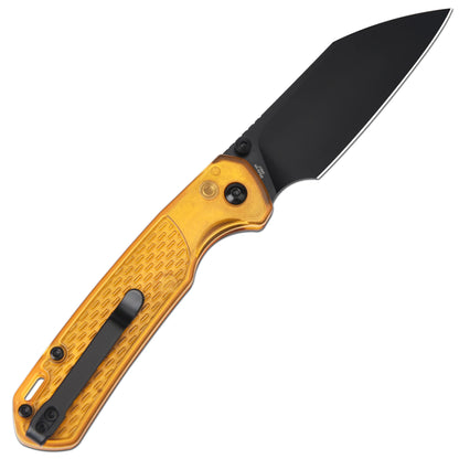 CJRB Pyrite Light - 3.34" AR-RPM9 Black PVD Wharncliffe Blade, Amber FRN Handles - J1945-AMB