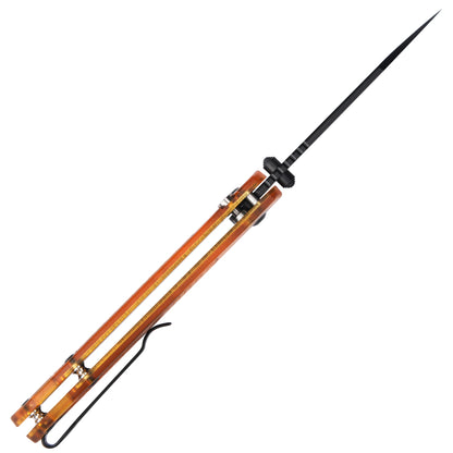 CJRB Pyrite Light - 3.34" AR-RPM9 Black PVD Wharncliffe Blade, Amber FRN Handles - J1945-AMB