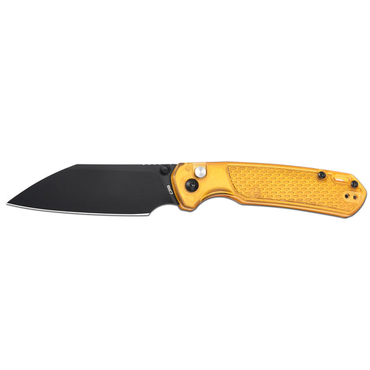 CJRB Pyrite Light - 3.34" AR-RPM9 Black PVD Wharncliffe Blade, Amber FRN Handles - J1945-AMB