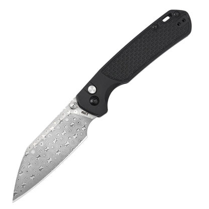CJRB Pyrite Light - 3.34" Damascus Wharncliffe Blade, Black FRN Handles - J1945-DBK