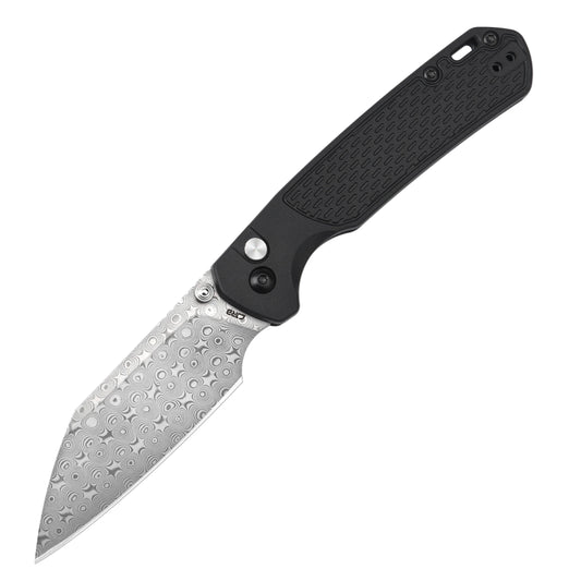 CJRB Pyrite Light - 3.34" Damascus Wharncliffe Blade, Black FRN Handles - J1945-DBK