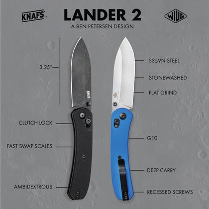 Knafs Lander 2 - 3.25" S35VN Stonewashed Blade, Blue G-10 Handles, Clutch Lock