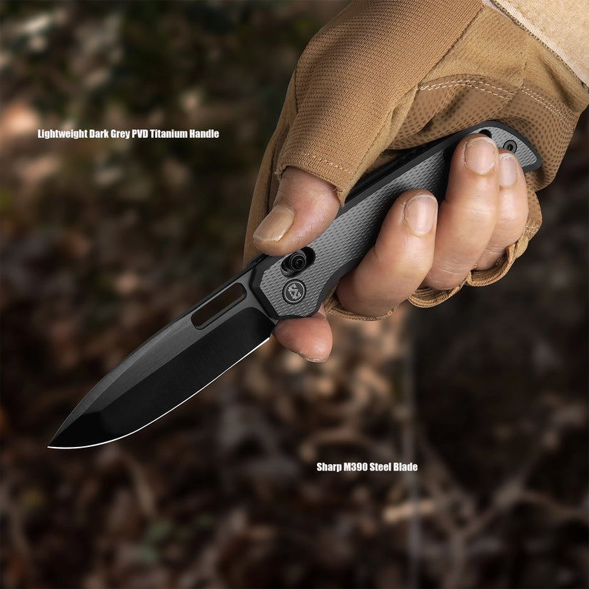 Miguron Knives Mero II - 3.17" M390 DLC Hand Ground Rubbed Satin Blade, Dark Grey PVD Titanium Handle