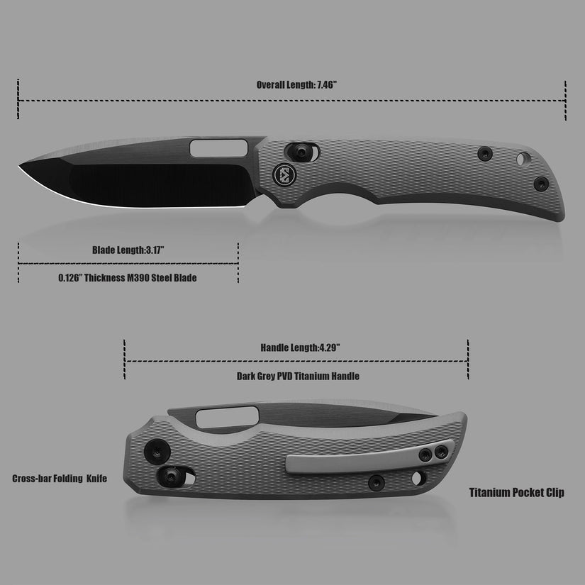 Miguron Knives Mero II - 3.17" M390 DLC Hand Ground Rubbed Satin Blade, Dark Grey PVD Titanium Handle