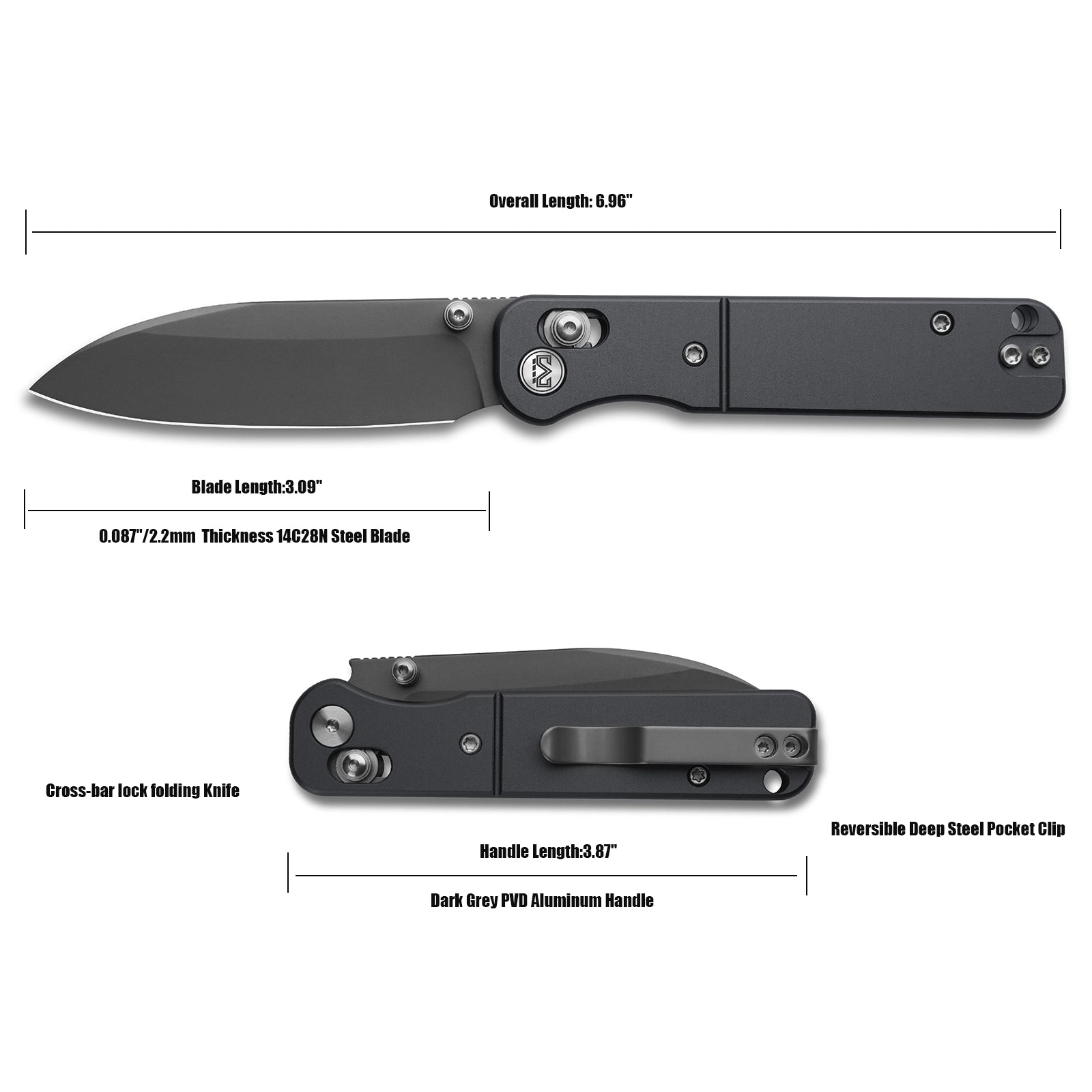 Miguron Pinam - 3.09" 14C28N Dark Grey PVD Blade, Dark Grey PVD Aluminium Handle. MGR-826ADG