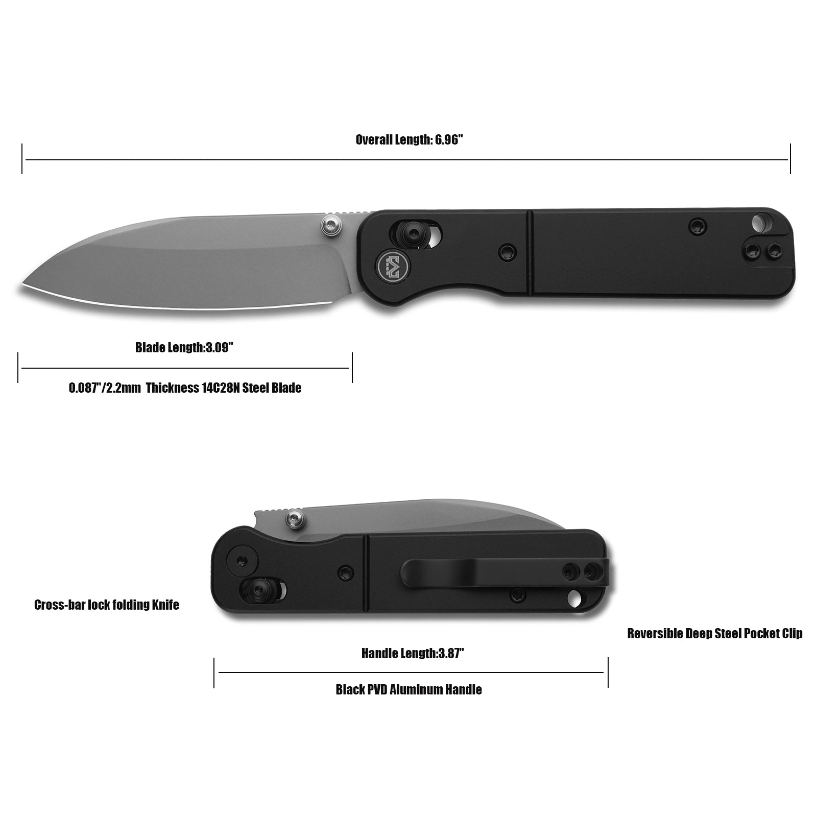 Miguron Pinam - 3.09" 14C28N Sandblasted Blade, Black PVD Aluminium Handle. MGR-826ABK