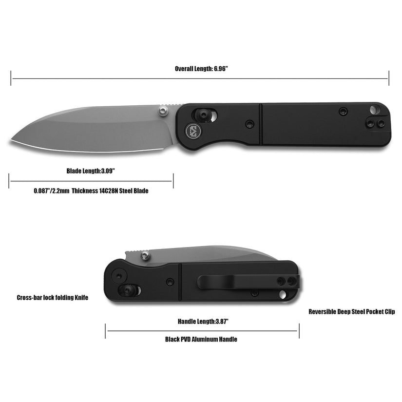 Miguron Pinam - 3.09" 14C28N Sandblasted Blade, Black PVD Aluminium Handle. MGR-826ABK