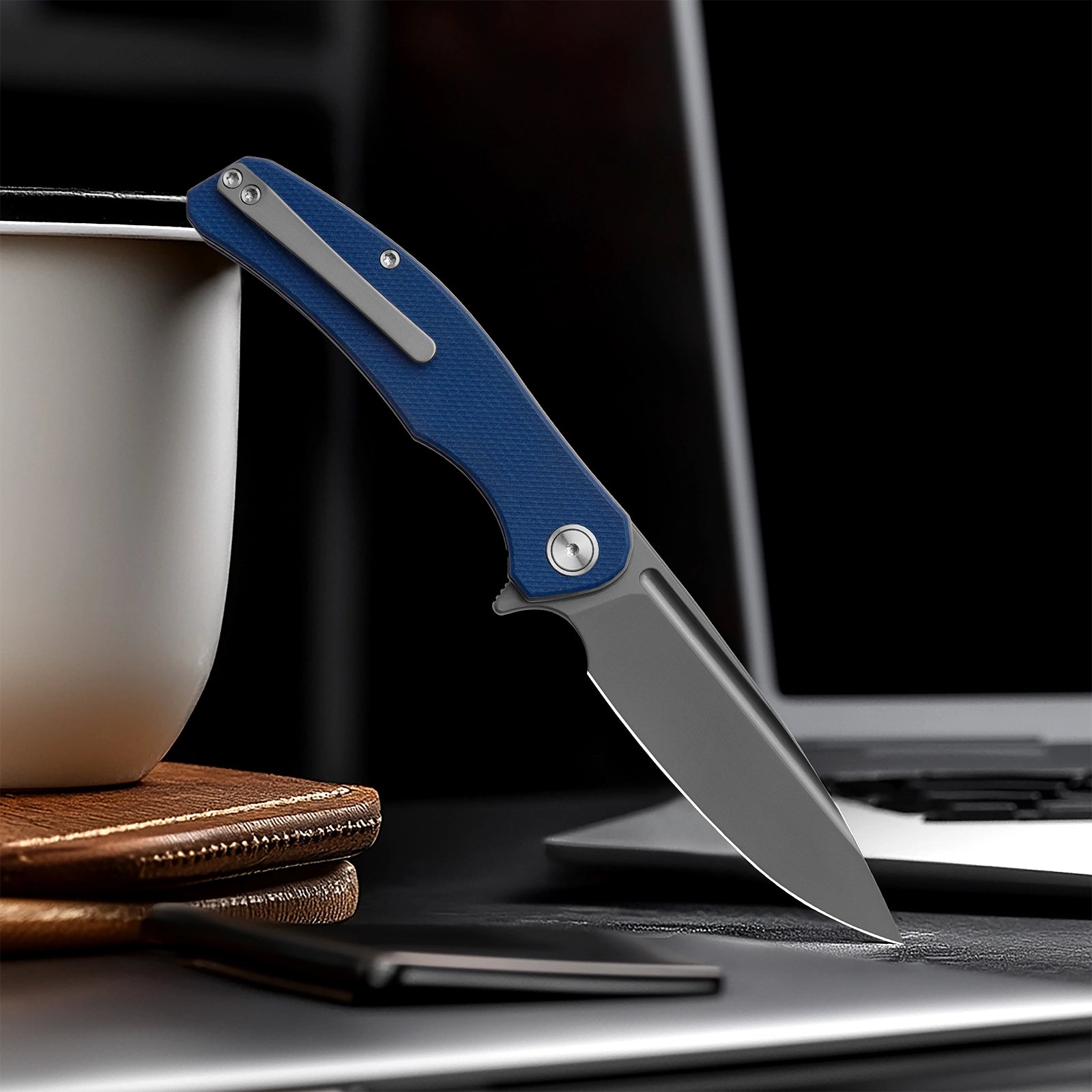 Miguron Velona - 3.5" 14C28N Dark Grey PVD Blade, Blue Micarta Handle. MGR-8003SBU